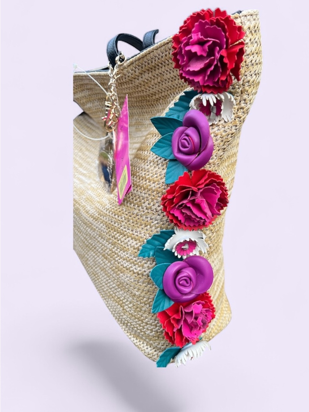 Betsey Johnson Straw Tote with Pink, Purple & Green Floral Trim